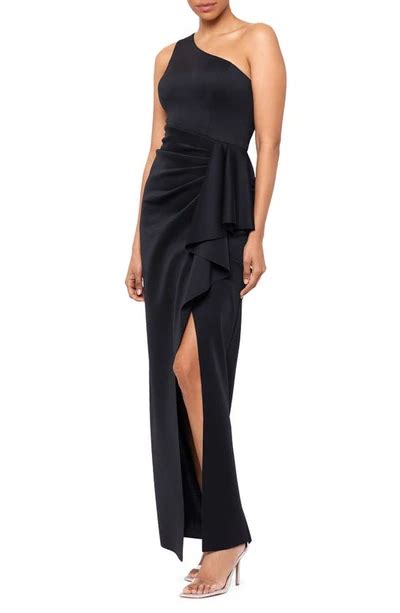 Xscape One Shoulder Ruffle Scuba Crepe Gown In Black Modesens