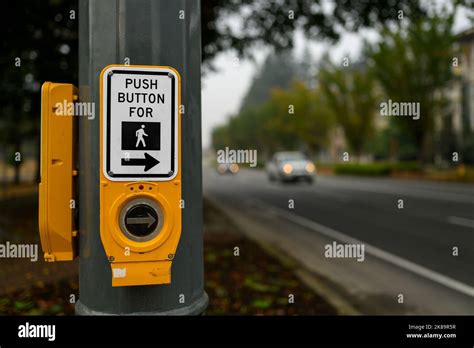 Pedestrian Push At Pedestrian Crossing Crosswalk With Direction Arrow