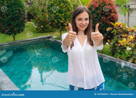 Cheerful Brunette Girl Shows Thumb Up Demonstrates That Everything Good Stock Image Image Of