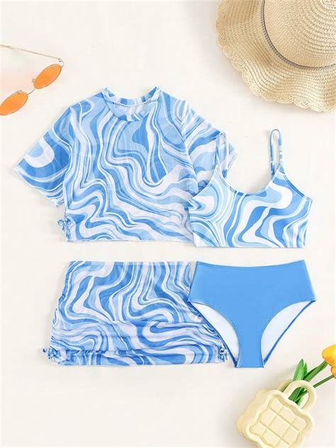 Chica adolescente Set Bañador bikini con patrón de fluido con cover up Moda de Mujer SHEIN