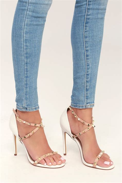 Sexy White And Nude Heels Studded Heels Ankle Strap Heels Lulus