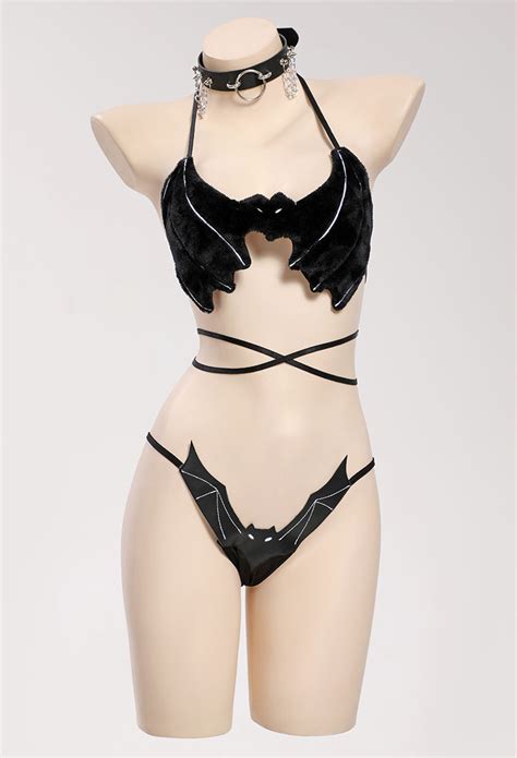 Gothic Bat Theme Sexy Lingerie Setgothic Lingerie Outfit Black Bat Style Lingerie With Furry