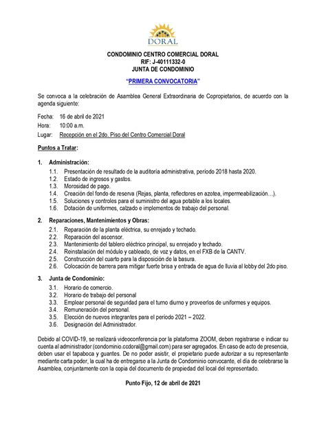 Era Convocatoria De Asamblea General Extraordinaria Del Condominio