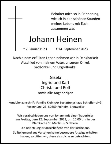 Traueranzeigen Von Johann Heinen WirTrauern