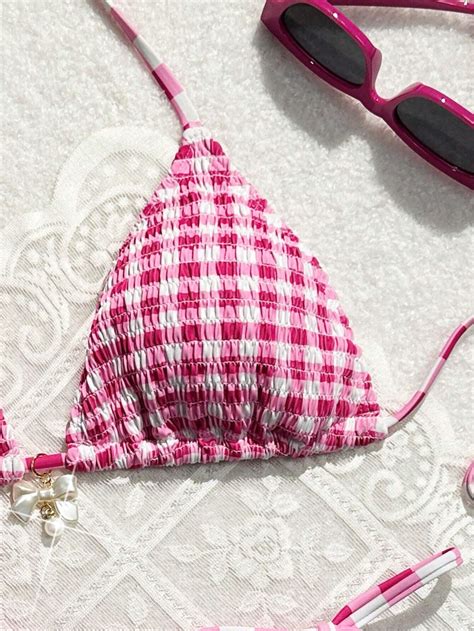 Shein Swim Mod Summer Beach Women Sexy Plaid Halter Neck Bikini Set With Separated Swimsuit