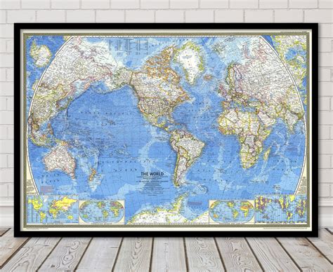 National Geographic Vintage 1970 World Map Fine Art Reproduction Old