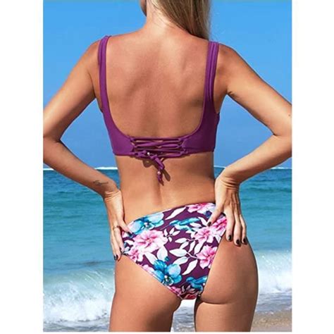 ONEYOO Femme Bikini Froncé et Torsadé Ensemble Bikini à laçage Imprimé Floral Maillots de Bain