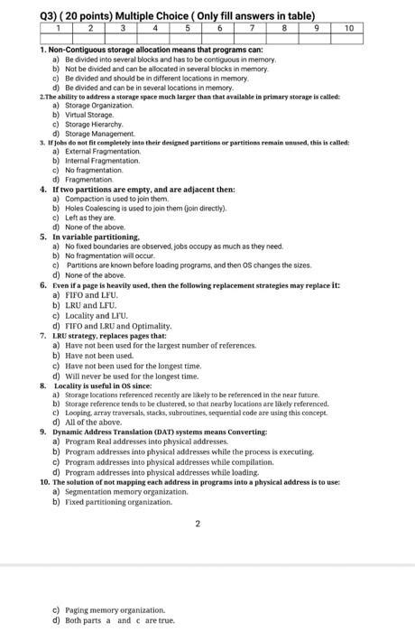 Solved Q3 20 Points Multiple Choice Onlv Fill Answers