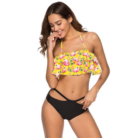 Custom Flamingo Print Bikini Two Piece Swimsuit Women Bathing Suits Halter Bikini Double Ruffles