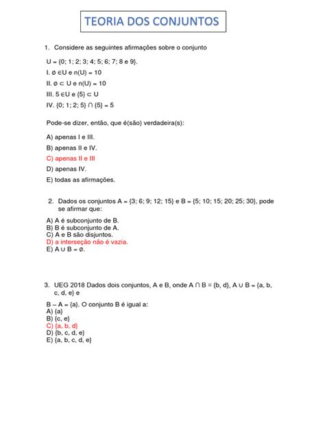 Questões Sobre Conjuntos - Questões sobre Teoria dos Conjuntos | PDF | Conjunto (Matemática ...