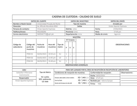 Cadena De Custodia Upn Cadena De Custodia Calidad De Suelo Datos