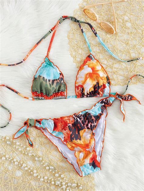 Miturn Women S Cute Floral Lace Pleated Bikini Two Pieces Set Suitable For Summer Island