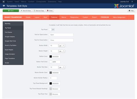 top panel features sparky framework docs hot themes