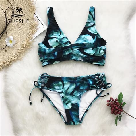 Aliexpress Buy CUPSHE Black And Green Twist Lace Up Bikini Sets