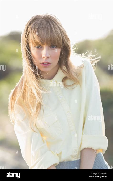 Trendy Gorgeous Blonde On The Roadside Posing Stock Photo Alamy