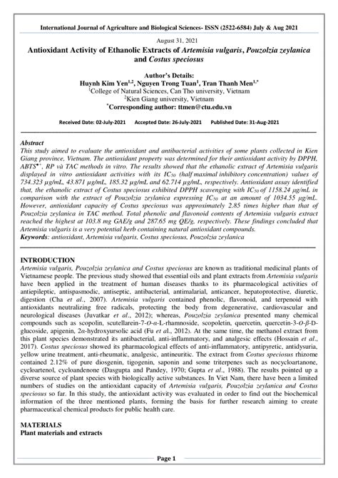 Pdf Antioxidant Activity Of Ethanolic Extracts Of Artemisia Vulgaris