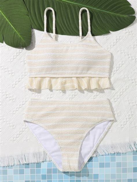 Teen Girls Striped Ruffle Hem Bikini Swimsuit Lynks Shop