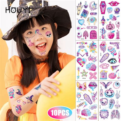 10 Sheets Halloween Cartoon Tattoo Stickers Shining Purple Skull Eye