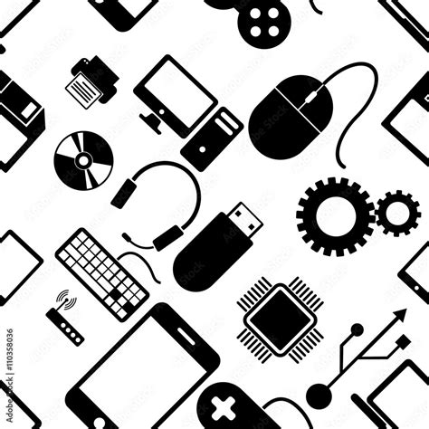 Seamless Pattern With Electronics Black Icons Computer Technolo Stock