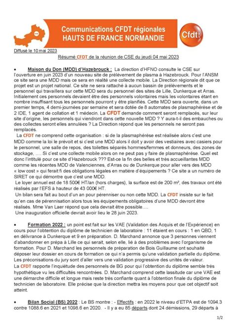 Lettre information HFNO mai 2023 résumé CSE CFDT EFS