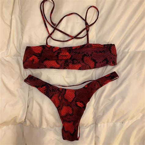 Red Snakeskin Patterned Cheeky Bikini Straps Depop