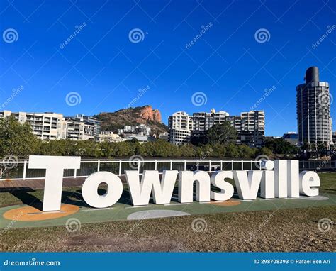 Townsville Sign Against The City Skyline In Queensland Australia