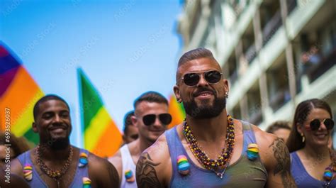 Full Body Photography Of A Group Of Beautiful Muscular Men During The Gay Pride Parade Include