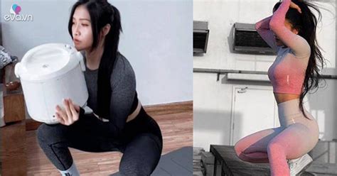 Hot girl Gym Trang Trit vòng ba 94 cm dùng nồi cơm điện thay tạ tập ở nhà mùa dịch