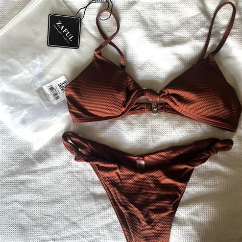 Brown Textured Bikini With Knot Detail Removable Depop