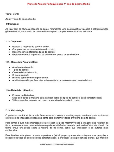 Português 1 Ano Ensino Médio Conteúdo - Plano de Aula de Portugues para 1° Ano Do Ensino Medio | PDF