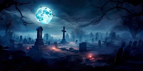 Premium Ai Image Spooky Graveyard At Midnight With Tombstones Bats