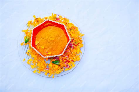 Premium Photo Traditional Wedding Ceremony In Hinduism Turmeric In Plate For Haldi Ceremony