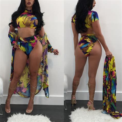 Women Sexy Colorful Print Bikini Split Swimsuit Summer Beach Cover Up
