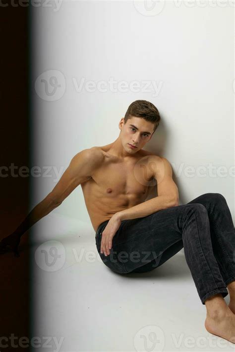 Handsome Man In Black Trousers Sits On The Floor Naked Torso Studio Attractiveness 23764017