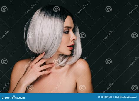 Sensual Naked Girl Posing In Grey Wig Isolated Stock Photo Image Of Female Naked 155839658