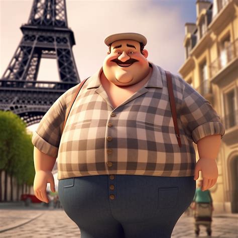 Premium AI Image Obese French Man Walking In Paris With The Eiffel