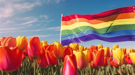 Premium Ai Image Lgbtq Rainbow Flag On The Blue Sky With Flower Field