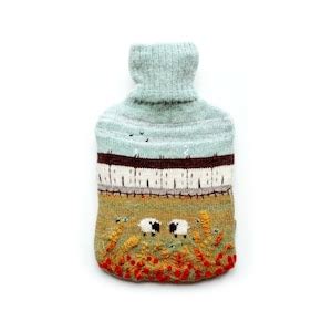 Knitted Lambswool Hot Water Bottle Cover Featuring A Countryside Design Etsy Uk