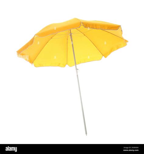 Open Yellow Beach Umbrella Isolated On White Stock Photo Alamy
