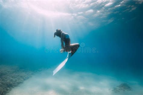 Lady Freediver In Bikini Posing Underwater In Blue Ocean Stock Image Image Of Ocean Freediver