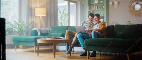 Portrait Of Gentle Gay Couple Using Laptop Computer While Sitting On A Couch In Cozy Stylish