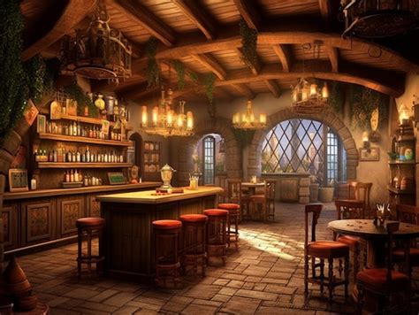 Premium Photo | A fantasy tavern with a bar and a window with a light