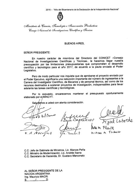 Carta Del Directorio Al Presidente De La Nación Conicet