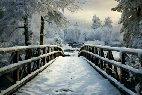 Wooden Bridge Adorned By Snowfall Embracing The Serene Winter Ambiance