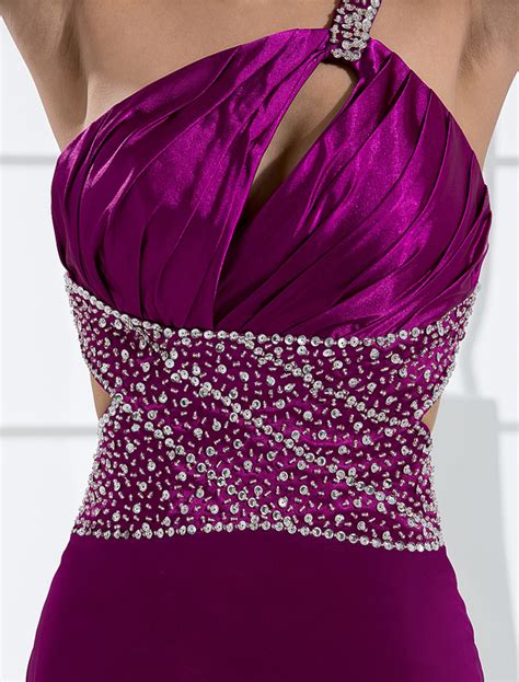 Magenta Evening Dress One Shoulder Beading Floor Length Cutout Satin