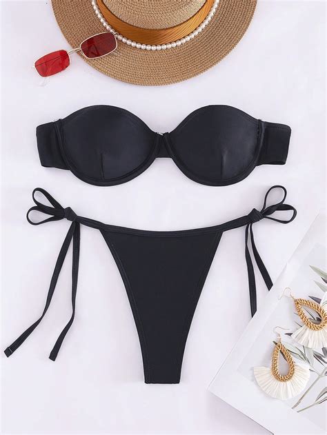 Women S Bikini Set Two Piece Solid Color Swimsuit Strapless With Steel Support Gathered Chest