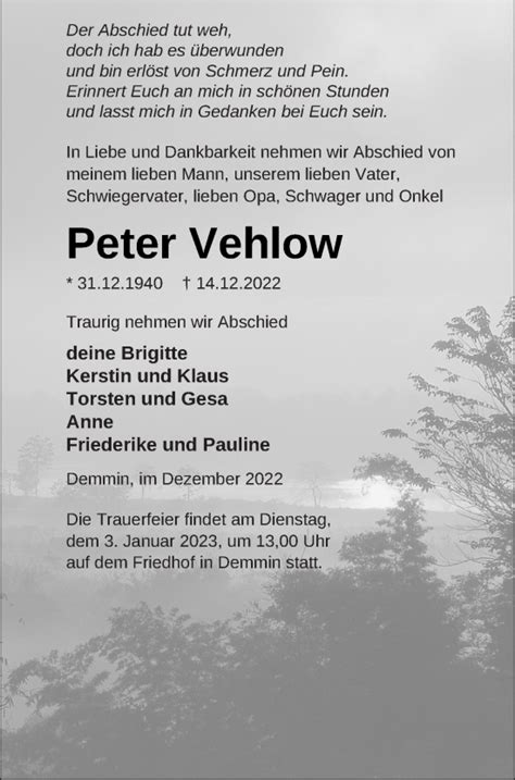 Traueranzeigen Von Peter Vehlow Trauer Nordkurier