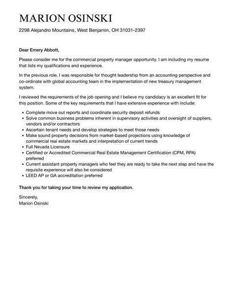 Commercial Property Manager Cover Letter Velvet Jobs