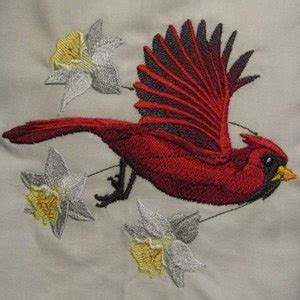 Cardinal Flying With Daffodils Embroidered Waffle Weave Hand Dish Towel