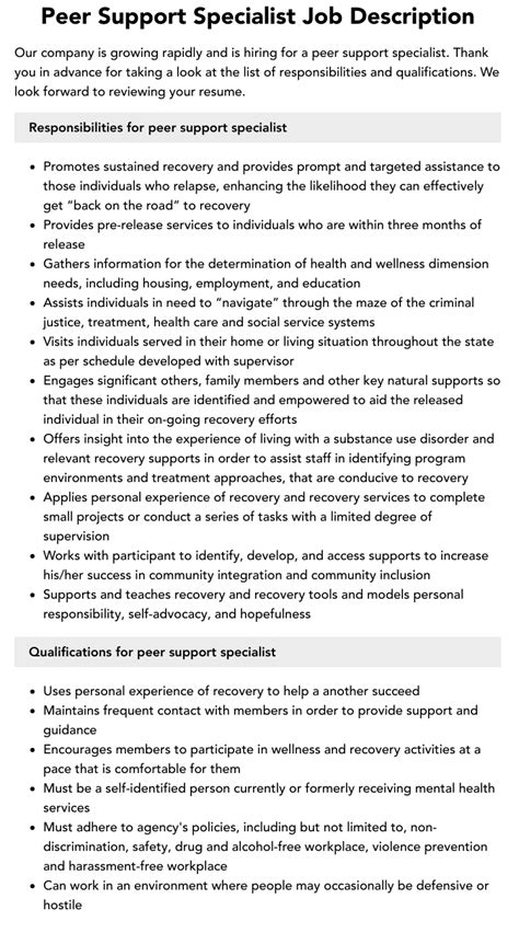 Peer Support Specialist Job Description Velvet Jobs